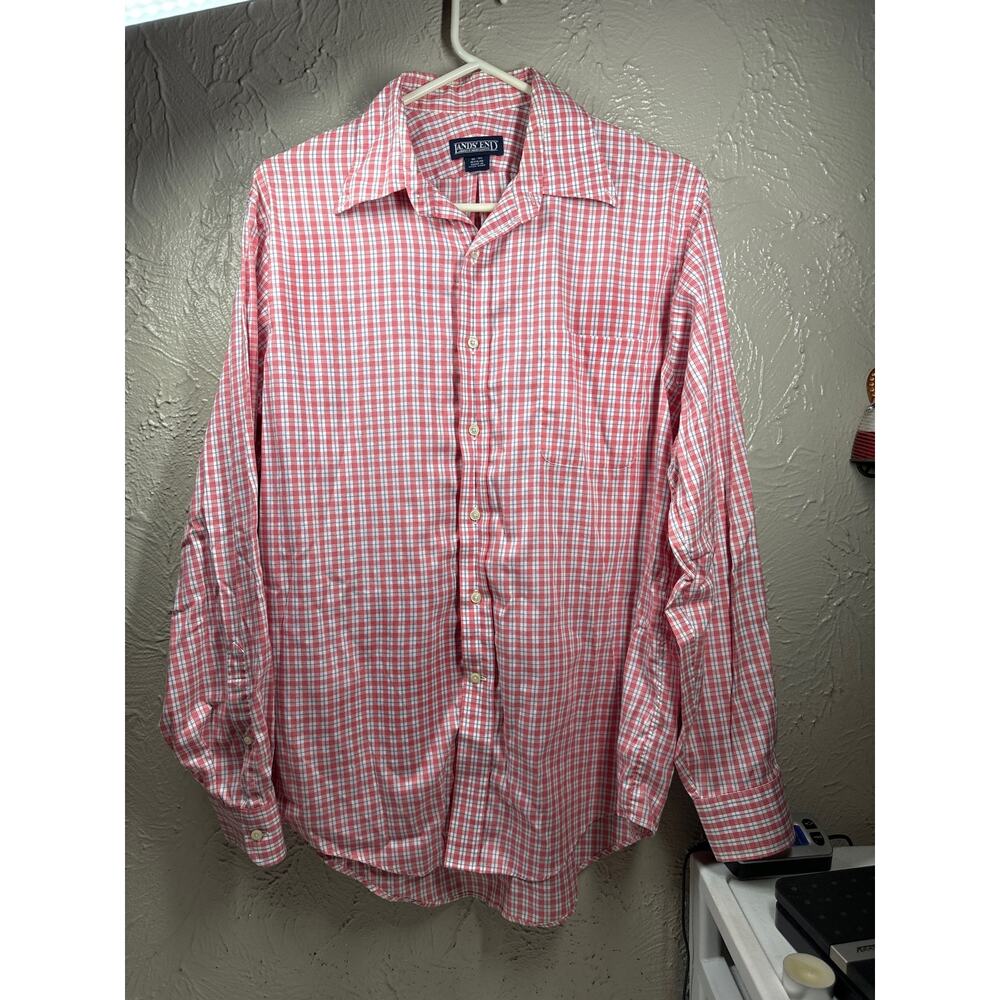 Lands'‎ End Mens Long Sleeve Dress Shirt White Red Plaid Cotton Size 16-35